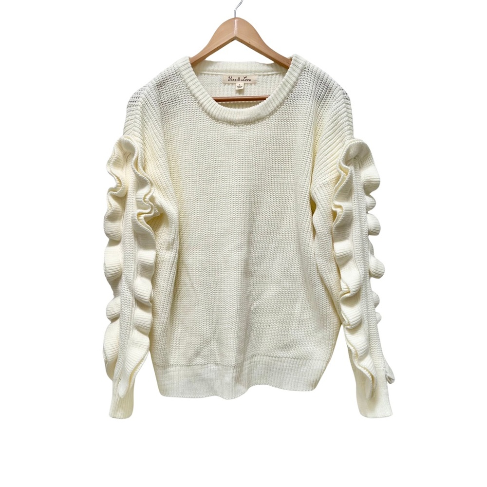 Vine & Love Cream Ruffle Sleeve‎ Knit Sweater Pullover Cozy Cute